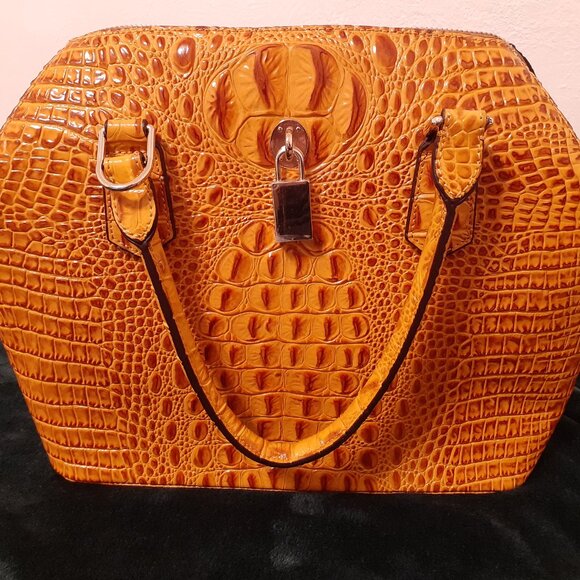 VINCENZO GENUINE LEATHER BROWN ALLIGATOR EMBOSSED HANDBAG   SHOULDER STRAP, NEW - Picture 1 of 16